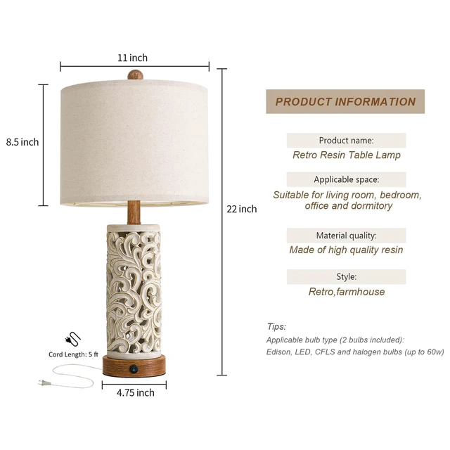 Alt view image 5 of 7 - 22'' Table Lamp Set of 2 for Living Room,Farmhouse Lamp for for Bedroom,Vintage Retro Bedside Lamps with USB Ports Linen Shade for Home Office (Brown, Bulb Included)