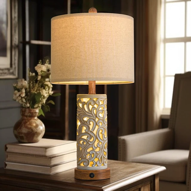 Alt view image 6 of 7 - 22'' Table Lamp Set of 2 for Living Room,Farmhouse Lamp for for Bedroom,Vintage Retro Bedside Lamps with USB Ports Linen Shade for Home Office (Brown, Bulb Included)
