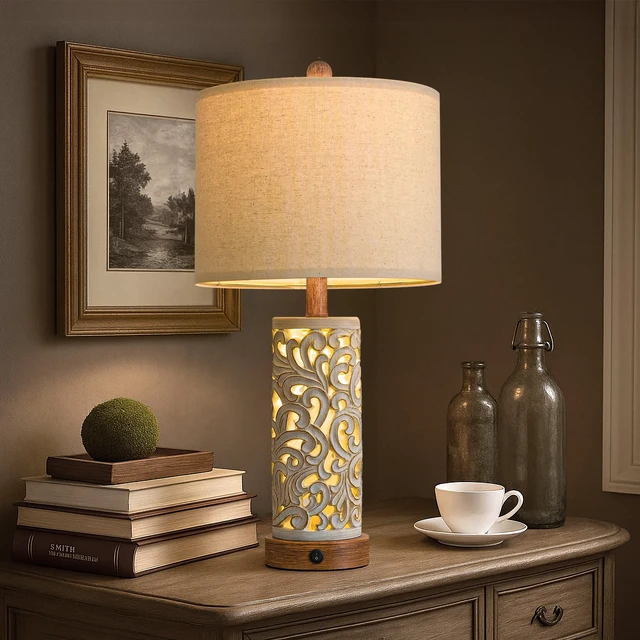 Alt view image 4 of 7 - 22'' Table Lamp Set of 2 for Living Room,Farmhouse Lamp for for Bedroom,Vintage Retro Bedside Lamps with USB Ports Linen Shade for Home Office (Brown, Bulb Included)