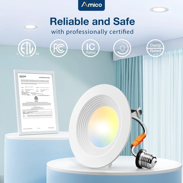 Alt view image 3 of 6 - 12 Pack 4 inch 5CCT LED Recessed Lighting, Retrofit Can Lights, White Dimmable, 8.5W=60W, 650LM, 2700K/3000K/4000K/5000K/6000K Selectable, Baffle Trim, Easy Install, IC & Damp Rated, ETL & FCC