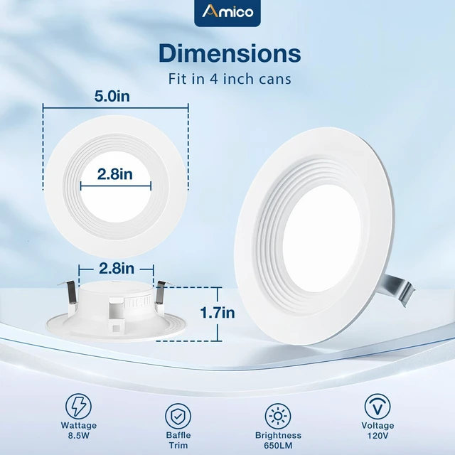 Alt view image 5 of 6 - 12 Pack 4 inch 5CCT LED Recessed Lighting, Retrofit Can Lights, White Dimmable, 8.5W=60W, 650LM, 2700K/3000K/4000K/5000K/6000K Selectable, Baffle Trim, Easy Install, IC & Damp Rated, ETL & FCC