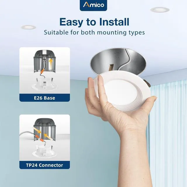 Alt view image 6 of 6 - 12 Pack 4 inch 5CCT LED Recessed Lighting, Retrofit Can Lights, White Dimmable, 8.5W=60W, 650LM, 2700K/3000K/4000K/5000K/6000K Selectable, Baffle Trim, Easy Install, IC & Damp Rated, ETL & FCC