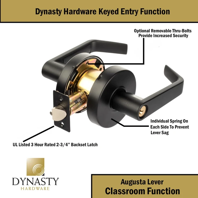 Alt view image 6 of 7 - Augusta Classroom Lever Lockset, ADA, Grade 2, Flat Black ADA Compliant Classroom Door Lever Lockset For School, Classroom Or Educational Facility, Grade 2 Heavy Duty Construction