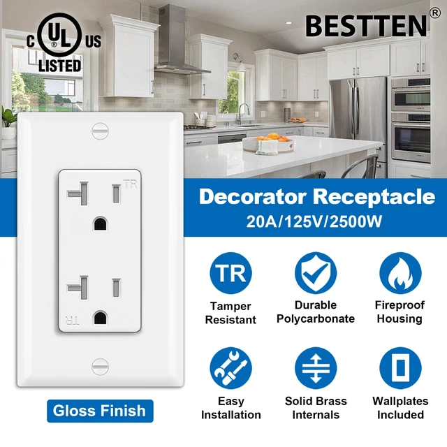 Alt view image 2 of 7 - 50 Pack 20 Amp Outlet, Tamper-Resistant (TR) Wall Outlet, UL Listed Decorator Receptacle with Wall Plate, 20A/125V/2500W, for Residential and Commercial Use, White