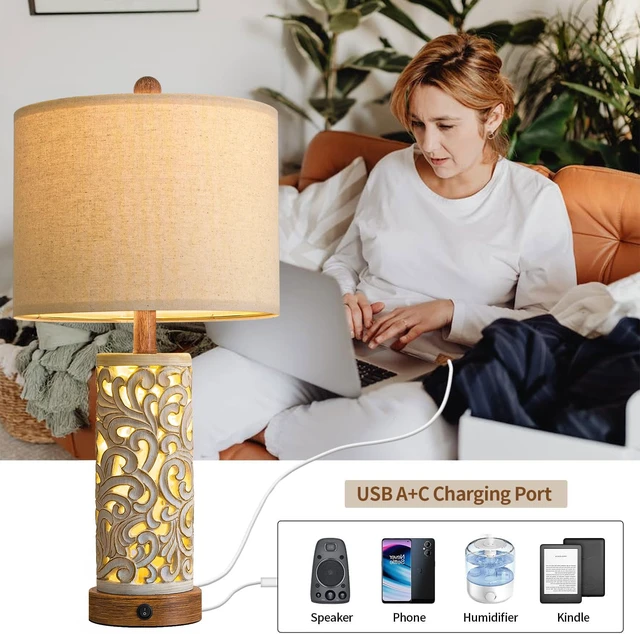 Alt view image 7 of 7 - 22'' Table Lamp Set of 2 for Living Room,Farmhouse Lamp for for Bedroom,Vintage Retro Bedside Lamps with USB Ports Linen Shade for Home Office (Brown, Bulb Included)