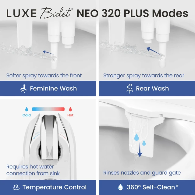 Alt view image 2 of 7 - NEO 320 PLUS - Warm Water Bidet Attachment for Toilet, Gold Non-Electric, Warm Water, Dual Nozzle, Slide-In Install, 360° Self-Clean, EZ-Lift, Feminine & Rear Wash