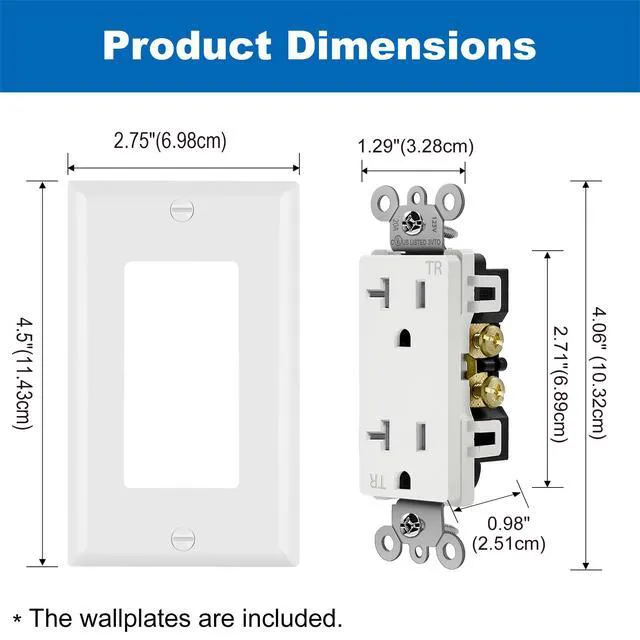 Alt view image 7 of 7 - 50 Pack 20 Amp Outlet, Tamper-Resistant (TR) Wall Outlet, UL Listed Decorator Receptacle with Wall Plate, 20A/125V/2500W, for Residential and Commercial Use, White