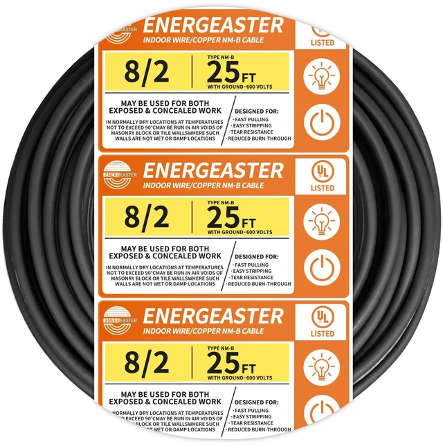 Main image of Stranded Indoor 8/2 NM-B Copper Cable with Ground 25FT, Black 25FT NMB Cable 8 Gauge Wire 2 Conductors 600V Bare Copper Non-Metallic Sheathed Stranded Indoor Residential Electrical Wire