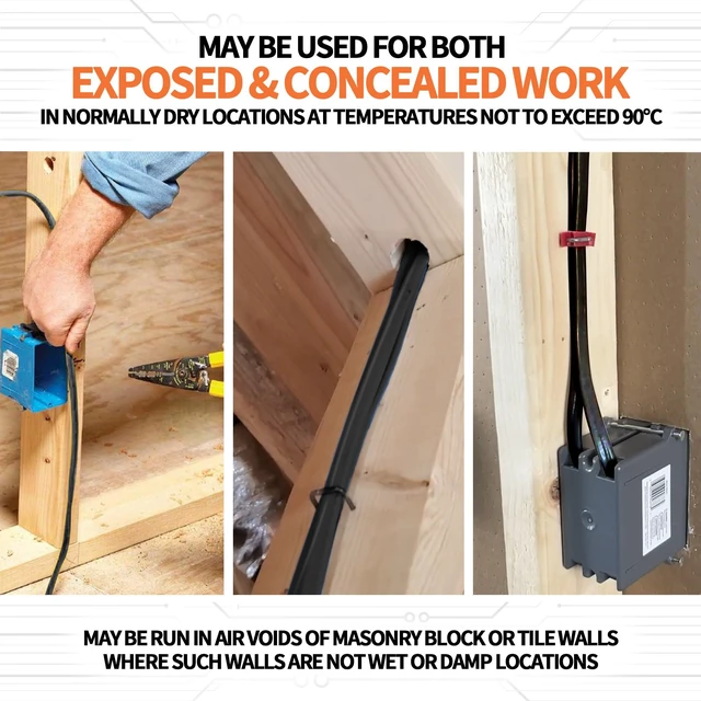 Alt view image 6 of 7 - Stranded Indoor 8/2 NM-B Copper Cable with Ground 25FT, Black 25FT NMB Cable 8 Gauge Wire 2 Conductors 600V Bare Copper Non-Metallic Sheathed Stranded Indoor Residential Electrical Wire