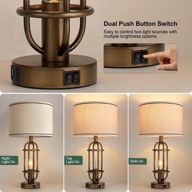 Alt view image 2 of 7 - 22.3Framhouse Table Lamps for Living Room, Bedroom Lamps Set of 2 Bronze, Vintage Bedside Lamps for Nightstand, End Table, Dressing Table, Dual Button Switch, USB A+C Ports, Bulbs Included