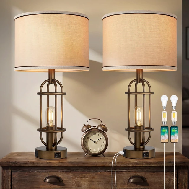 Main image of 22.3Framhouse Table Lamps for Living Room, Bedroom Lamps Set of 2 Bronze, Vintage Bedside Lamps for Nightstand, End Table, Dressing Table, Dual Button Switch, USB A+C Ports, Bulbs Included