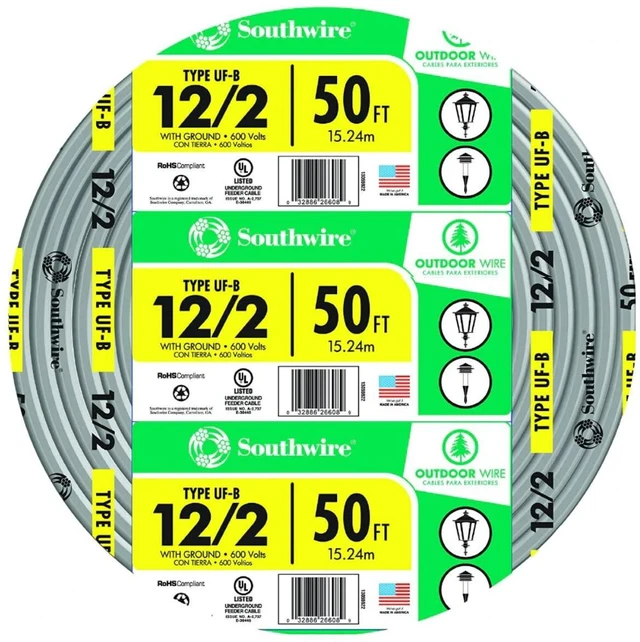 Main image of 12/2 UF B Wire with Ground, 50 ft, Gray Solid Copper Direct Burial Cable for Outdoor & Underground Use, 600V