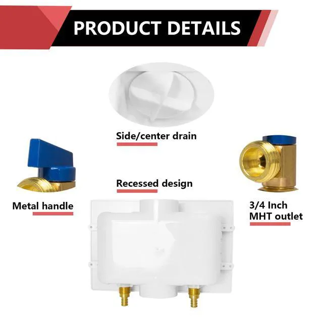 Alt view image 3 of 7 - Washing Machine Outlet Box, 1/2" Pex-A F1960 Expansion Fitting Connection x 3/4" MHT Connection, Center Drain with Brass 1/4 Turn Valves Installed,(WM003) (Pack of 3)
