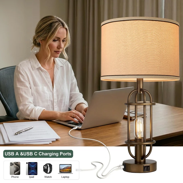 Alt view image 3 of 7 - 22.3Framhouse Table Lamps for Living Room, Bedroom Lamps Set of 2 Bronze, Vintage Bedside Lamps for Nightstand, End Table, Dressing Table, Dual Button Switch, USB A+C Ports, Bulbs Included