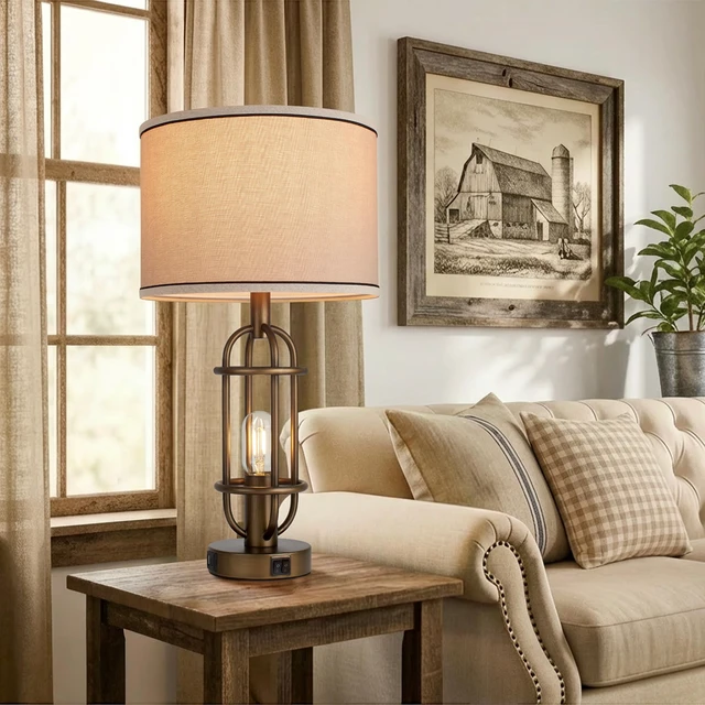 Alt view image 4 of 7 - 22.3Framhouse Table Lamps for Living Room, Bedroom Lamps Set of 2 Bronze, Vintage Bedside Lamps for Nightstand, End Table, Dressing Table, Dual Button Switch, USB A+C Ports, Bulbs Included