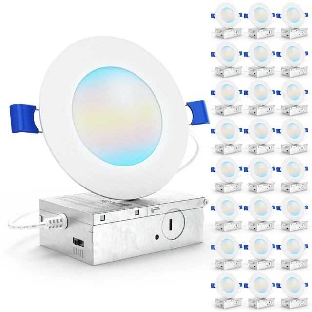 Main image of 24 Pack 4 Inch Slim Canless LED Recessed Lights, 10W 5CCT, Dimmable Selectable CCT 2700K/3000K/4000K/5000K/6000K, 700LM, Junction Box, Canless Ceiling Light Slim, Wafer Thin, Ceiling Downlight