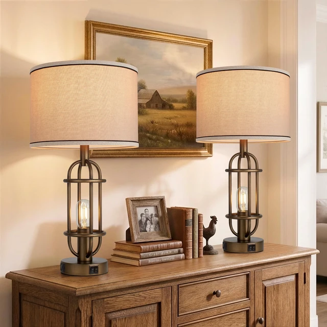 Alt view image 6 of 7 - 22.3Framhouse Table Lamps for Living Room, Bedroom Lamps Set of 2 Bronze, Vintage Bedside Lamps for Nightstand, End Table, Dressing Table, Dual Button Switch, USB A+C Ports, Bulbs Included