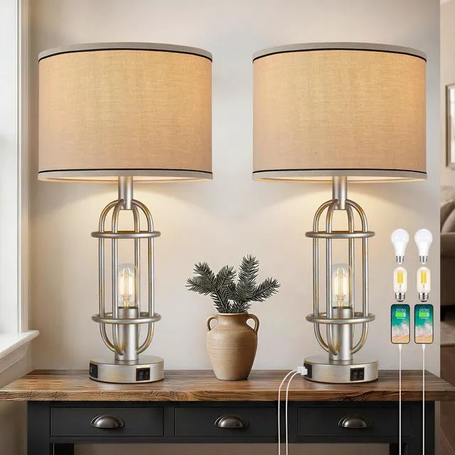 Main image of 22.3Farmhouse Table Lamps for Living Room, Bedroom Lamps Set of 2 Retro Sliver, Vintage Bedside Lamps for Nightstand, End Table, Hallway, Dual Button Switch, USB A+C Ports, Bulbs Included