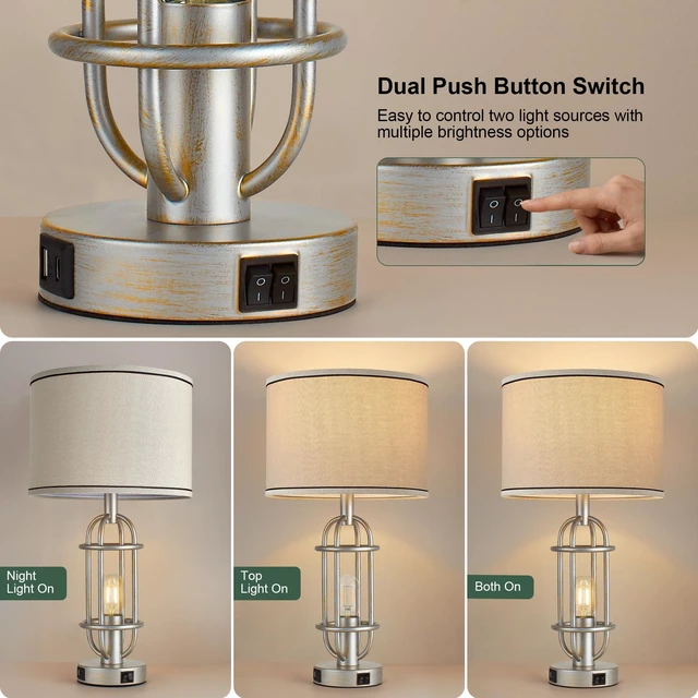 Alt view image 2 of 7 - 22.3Farmhouse Table Lamps for Living Room, Bedroom Lamps Set of 2 Retro Sliver, Vintage Bedside Lamps for Nightstand, End Table, Hallway, Dual Button Switch, USB A+C Ports, Bulbs Included