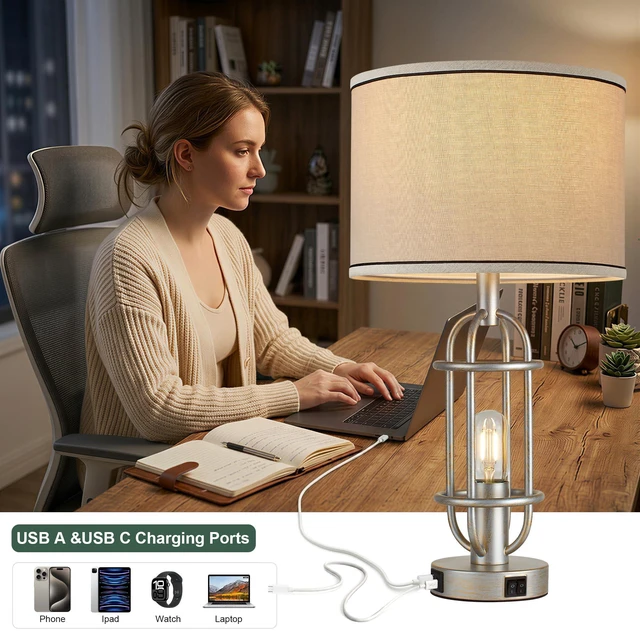 Alt view image 3 of 7 - 22.3Farmhouse Table Lamps for Living Room, Bedroom Lamps Set of 2 Retro Sliver, Vintage Bedside Lamps for Nightstand, End Table, Hallway, Dual Button Switch, USB A+C Ports, Bulbs Included