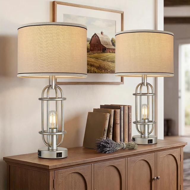 Alt view image 4 of 7 - 22.3Farmhouse Table Lamps for Living Room, Bedroom Lamps Set of 2 Retro Sliver, Vintage Bedside Lamps for Nightstand, End Table, Hallway, Dual Button Switch, USB A+C Ports, Bulbs Included