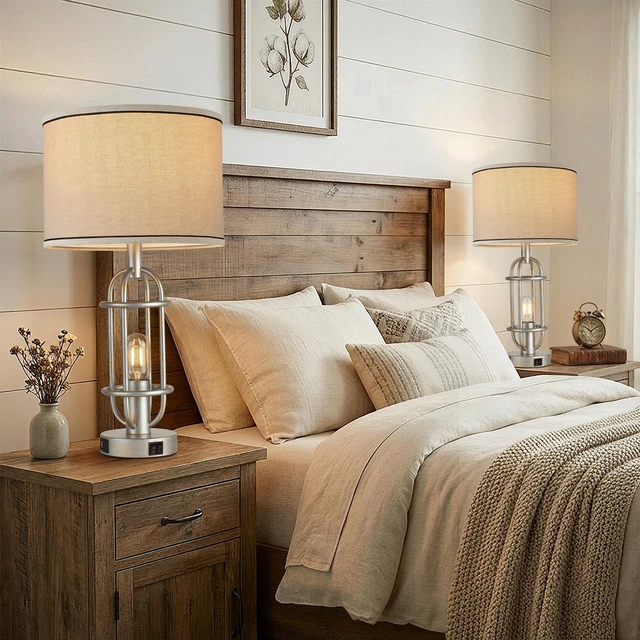 Alt view image 5 of 7 - 22.3Farmhouse Table Lamps for Living Room, Bedroom Lamps Set of 2 Retro Sliver, Vintage Bedside Lamps for Nightstand, End Table, Hallway, Dual Button Switch, USB A+C Ports, Bulbs Included