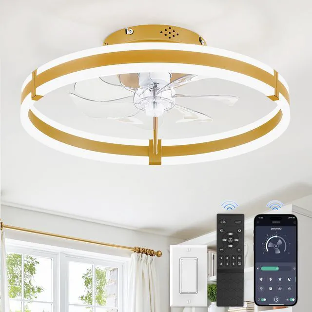 Main image of Ceiling Fans with Lights and Remote, 19.7'' Low Profile Ceiling Fan, 3000-6000K Dimmable Modern Flush Mount LED Fan Light, 6 Wind Speeds, Gold Fandelier Ceiling Fans for Bedroom