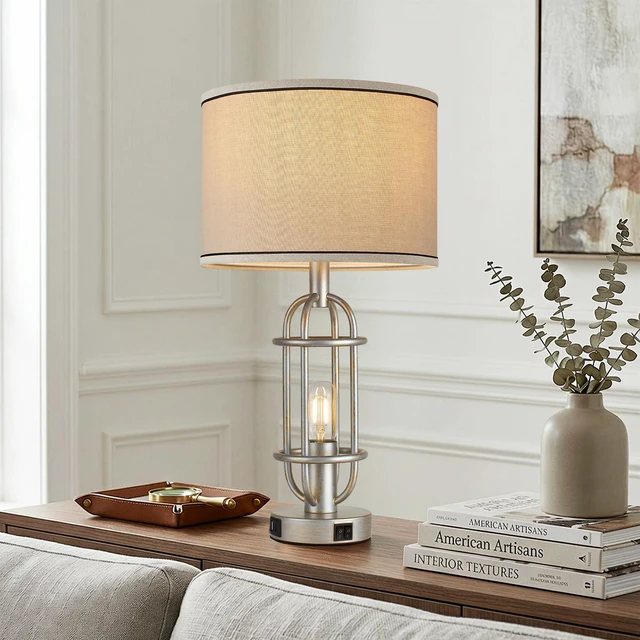 Alt view image 6 of 7 - 22.3Farmhouse Table Lamps for Living Room, Bedroom Lamps Set of 2 Retro Sliver, Vintage Bedside Lamps for Nightstand, End Table, Hallway, Dual Button Switch, USB A+C Ports, Bulbs Included