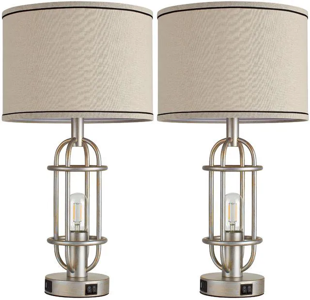 Alt view image 7 of 7 - 22.3Farmhouse Table Lamps for Living Room, Bedroom Lamps Set of 2 Retro Sliver, Vintage Bedside Lamps for Nightstand, End Table, Hallway, Dual Button Switch, USB A+C Ports, Bulbs Included
