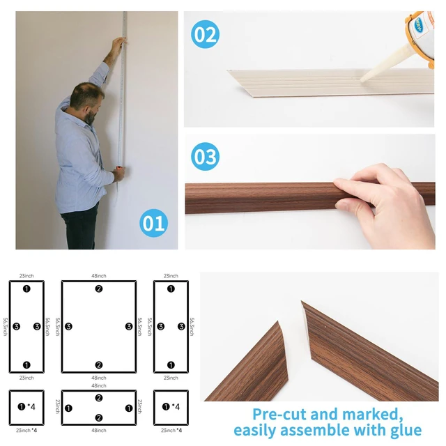 Alt view image 6 of 7 - Pre-Cut Wall Molding Set of 6 pcs, 3 Top 3 Bottom, Walnut Ready-to-Assemble Wainscoting Panel, High-Impact, Precision Pre-Cut, DIY-Friendly, Ideal for Indoor Wall Decor, Accent Walls
