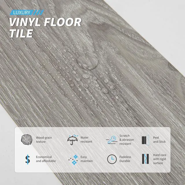 Alt view image 4 of 7 - 36-Pack Wood Texture Peel and Stick Vinyl Flooring Tiles, Light Grey 18 & 54 sq.ft Options, Rigid Surface Hard Core, Waterproof, Self-Adhesive, Impact Resistant, Fit Indoor Household Spaces