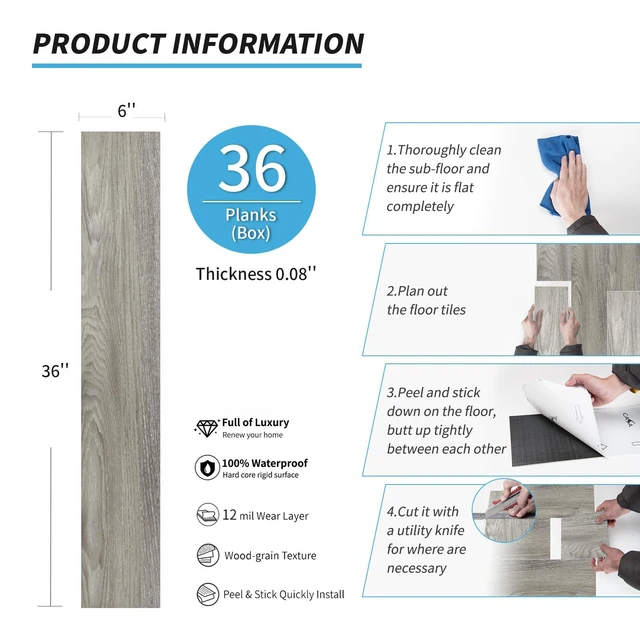 Alt view image 5 of 7 - 36-Pack Wood Texture Peel and Stick Vinyl Flooring Tiles, Light Grey 18 & 54 sq.ft Options, Rigid Surface Hard Core, Waterproof, Self-Adhesive, Impact Resistant, Fit Indoor Household Spaces