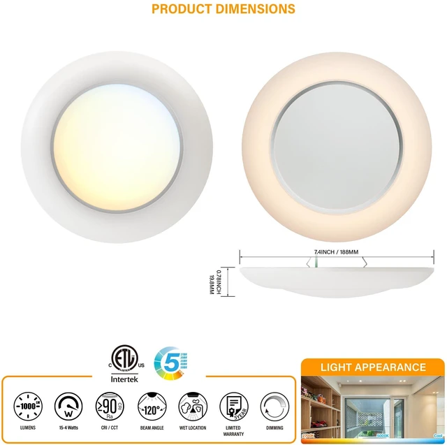 Alt view image 2 of 7 - 6 Inch LED Low Profile Disk Light with Night Light, 120VAC, 15W, 5CCT Color Changing, 1000LM, Dimmable, ETL, Shower Wet Rated Screw in Flush Mount Ceiling Light, White/8 Packs