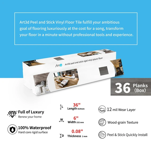 Alt view image 6 of 7 - 36-Pack Wood Texture Peel and Stick Vinyl Flooring Tiles, Light Grey 18 & 54 sq.ft Options, Rigid Surface Hard Core, Waterproof, Self-Adhesive, Impact Resistant, Fit Indoor Household Spaces