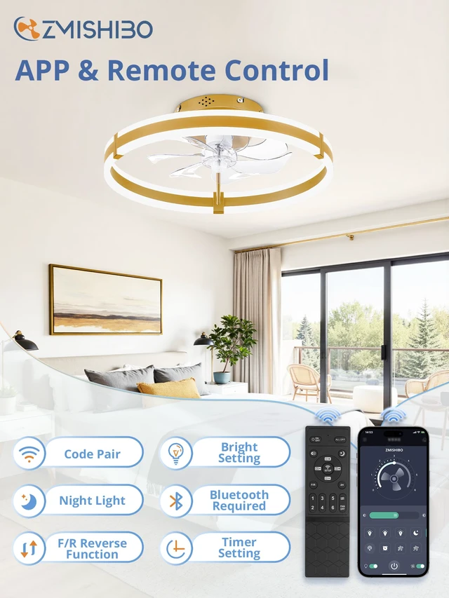 Alt view image 5 of 7 - Ceiling Fans with Lights and Remote, 19.7'' Low Profile Ceiling Fan, 3000-6000K Dimmable Modern Flush Mount LED Fan Light, 6 Wind Speeds, Gold Fandelier Ceiling Fans for Bedroom