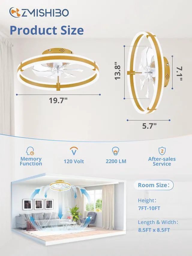 Alt view image 6 of 7 - Ceiling Fans with Lights and Remote, 19.7'' Low Profile Ceiling Fan, 3000-6000K Dimmable Modern Flush Mount LED Fan Light, 6 Wind Speeds, Gold Fandelier Ceiling Fans for Bedroom