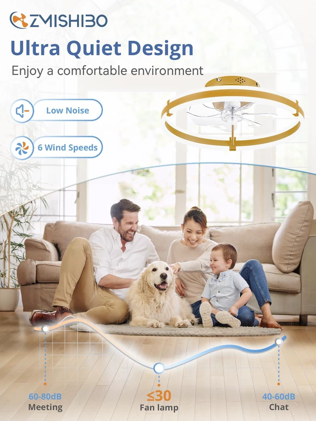Alt view image 3 of 7 - Ceiling Fans with Lights and Remote, 19.7'' Low Profile Ceiling Fan, 3000-6000K Dimmable Modern Flush Mount LED Fan Light, 6 Wind Speeds, Gold Fandelier Ceiling Fans for Bedroom