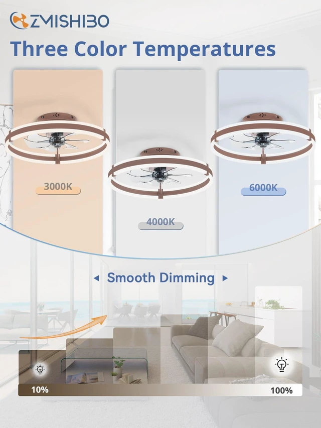 Alt view image 2 of 7 - Ceiling Fans with Lights and Remote, 19.7'' Low Profile Ceiling Fan, 3000-6000K Dimmable Modern Flush Mount LED Fan Light, 6 Wind Speeds, Brown Fandelier Ceiling Fans for Bedroom