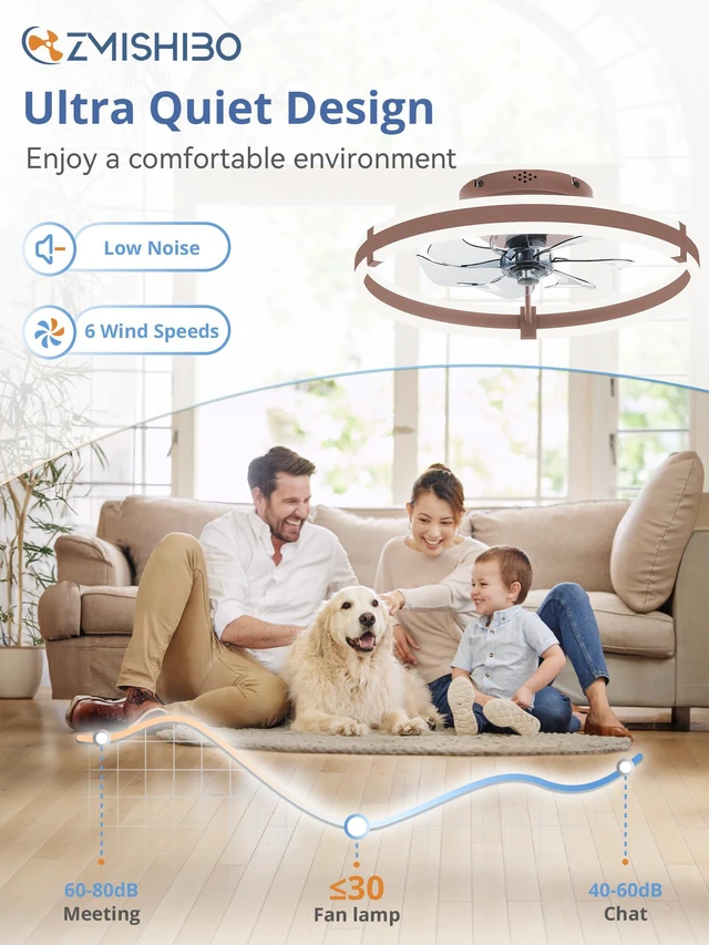 Alt view image 3 of 7 - Ceiling Fans with Lights and Remote, 19.7'' Low Profile Ceiling Fan, 3000-6000K Dimmable Modern Flush Mount LED Fan Light, 6 Wind Speeds, Brown Fandelier Ceiling Fans for Bedroom