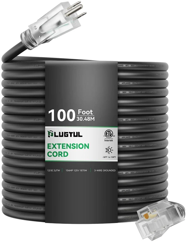 Main image of 12 Gauge Extension Cord 100FT | Outdoor Extension Cord with Lighted End, Heavy Duty,15A 1875W SJTW, ETL Listed, Great for Garden and Home, Black