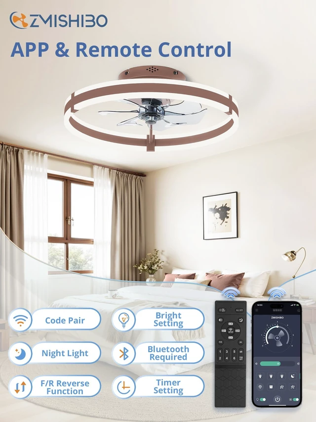 Alt view image 5 of 7 - Ceiling Fans with Lights and Remote, 19.7'' Low Profile Ceiling Fan, 3000-6000K Dimmable Modern Flush Mount LED Fan Light, 6 Wind Speeds, Brown Fandelier Ceiling Fans for Bedroom