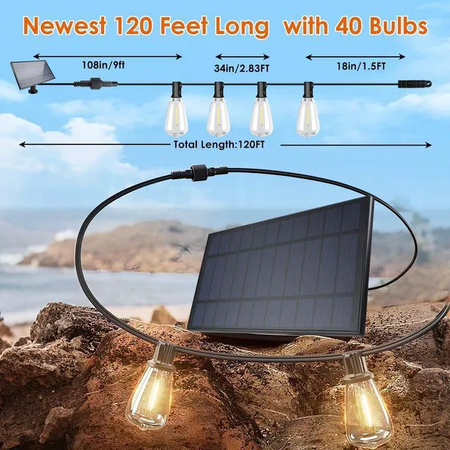 Alt view image 3 of 7 - 2 Pack 120FT Solar String Lights Outdoor,Solar Patio Lights Waterproof with Remote & 80+4 Dimmable ST38 Shatterproof LED Bulbs,Commercial Grade Solar Powered String Lights for Outside