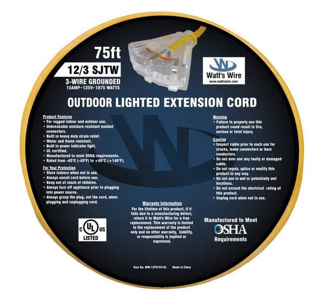 Alt view image 6 of 6 - 75 ft Outdoor Extension Cord - 12 Gauge Heavy Duty Extension Cord Multiple Outlets - Lighted Outdoor Extension Cords 75' Grounded