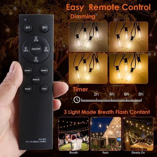 Alt view image 4 of 7 - 2 Pack 120FT Solar String Lights Outdoor,Solar Patio Lights Waterproof with Remote & 80+4 Dimmable ST38 Shatterproof LED Bulbs,Commercial Grade Solar Powered String Lights for Outside
