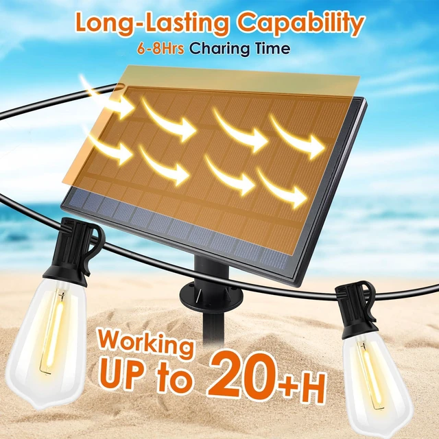 Alt view image 2 of 7 - 2 Pack 120FT Solar String Lights Outdoor,Solar Patio Lights Waterproof with Remote & 80+4 Dimmable ST38 Shatterproof LED Bulbs,Commercial Grade Solar Powered String Lights for Outside