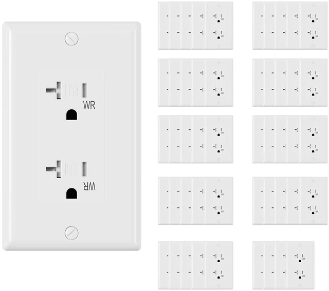 Main image of Glossy White Decorator Wall Receptacle Outlets, TR Tamper Resistant & WR Weather Resistant, 20A 125V Electrical Outlet with Wall Plate, Self-grounding, 2 Pole 3 Wire, 5-20R, UL Listed, 50 Pack
