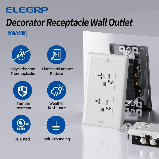 Alt view image 2 of 7 - Glossy White Decorator Wall Receptacle Outlets, TR Tamper Resistant & WR Weather Resistant, 20A 125V Electrical Outlet with Wall Plate, Self-grounding, 2 Pole 3 Wire, 5-20R, UL Listed, 50 Pack