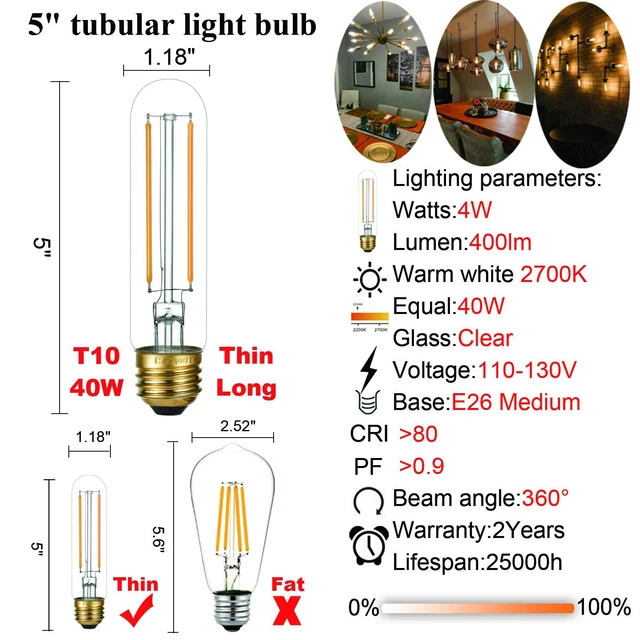 Alt view image 5 of 7 - Dimmable E26 LED Bulb 4W Equal 40 Watt Warm White 2700K E26 Edison AC120V 400lm Tubular T9 T10 LED Light Bulb for Rustic Pendant,Chandeliers,Wall sconces 6Pack (Pack of 3)