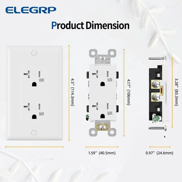 Alt view image 5 of 7 - Glossy White Decorator Wall Receptacle Outlets, TR Tamper Resistant & WR Weather Resistant, 20A 125V Electrical Outlet with Wall Plate, Self-grounding, 2 Pole 3 Wire, 5-20R, UL Listed, 50 Pack