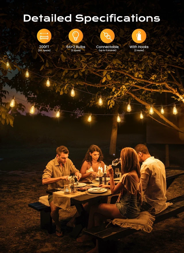 Alt view image 2 of 7 - Outdoor String Lights, 200FT 64+2 LED ST38 LED Patio Lights Shatterproof, Dimmable IP65 Waterproof Connectable Hanging Outdoor Light for Backyard, Porch, Deck, Balcony